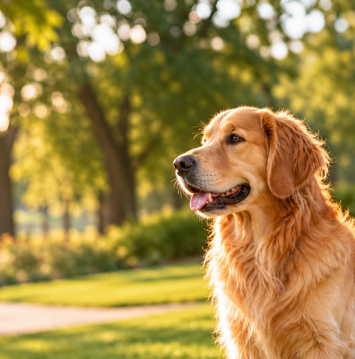 Golden Retreiver In A Sunlit Park A golden retriever sits in a sunlit park, looking to the right, with lush green trees and a winding path softly blurred in the background.
